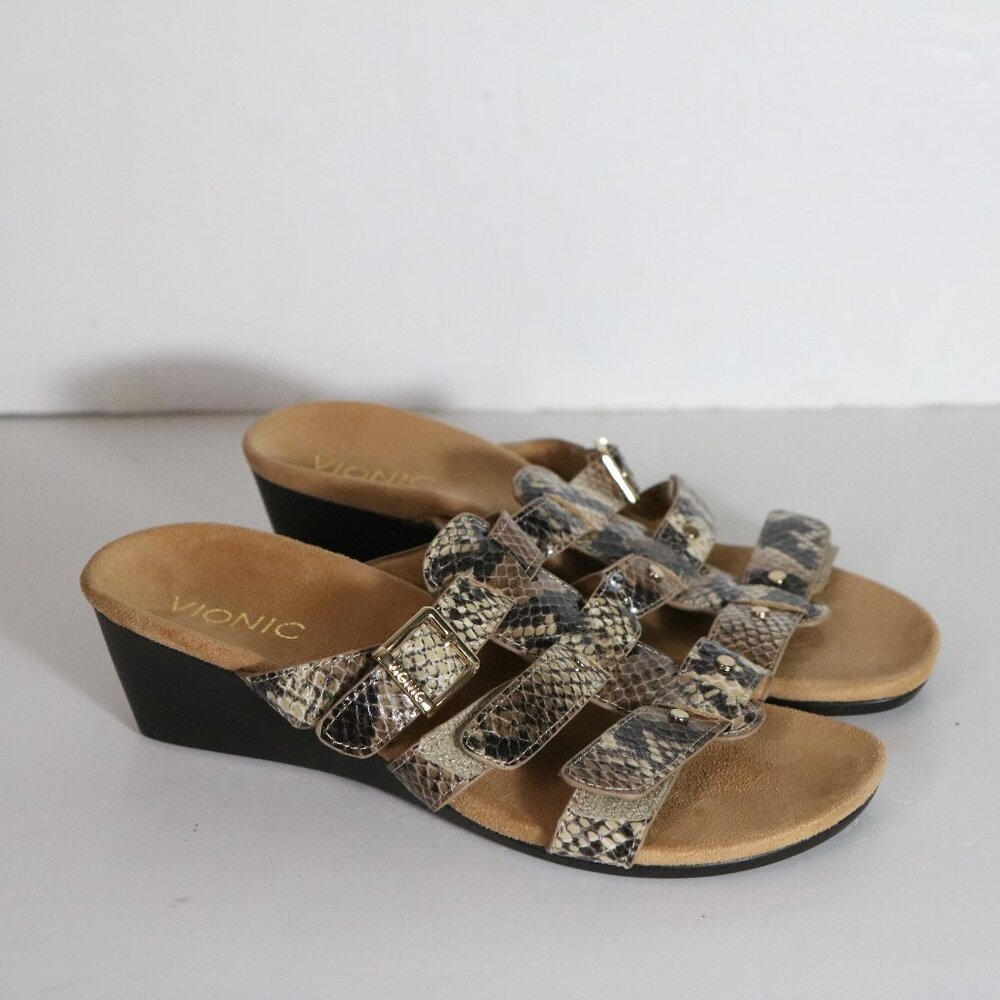Vionic Radia‎ Wedge Sandals Womens 7 Brown Snake Leather Strappy Slip On